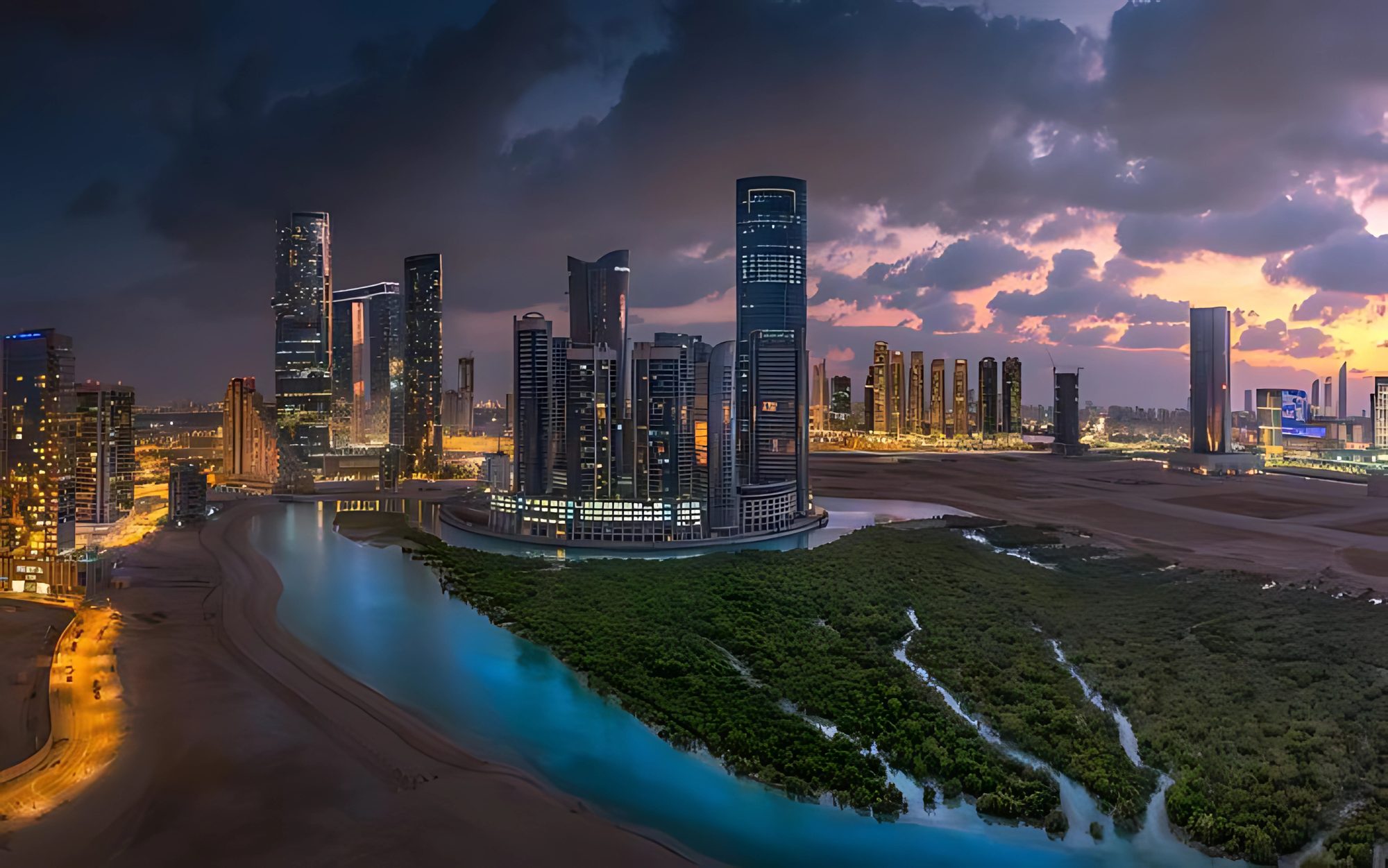 Abu Dhabi skyline at sunset with mangroves in the foreground