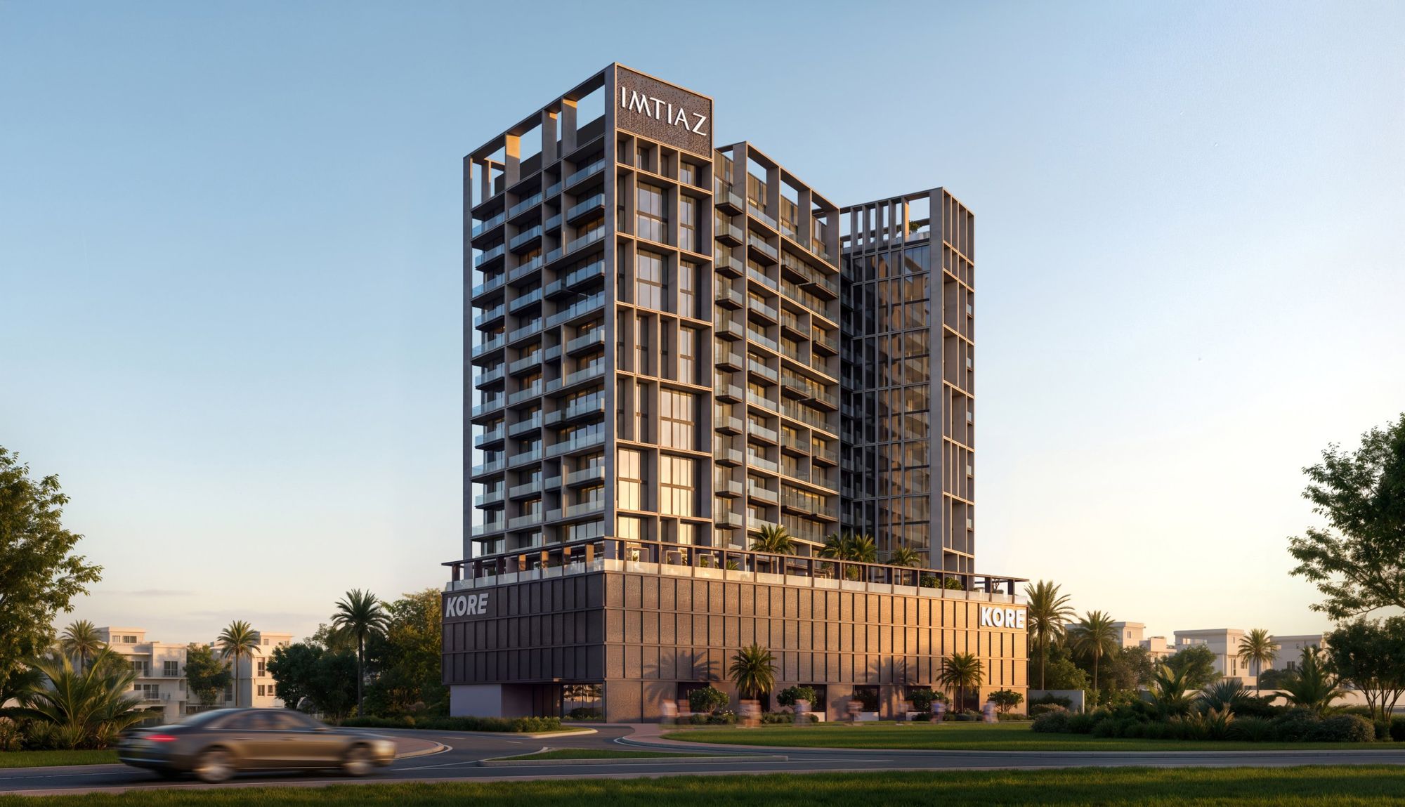 KORE by Imtiaz tower in Dubailand at golden hour