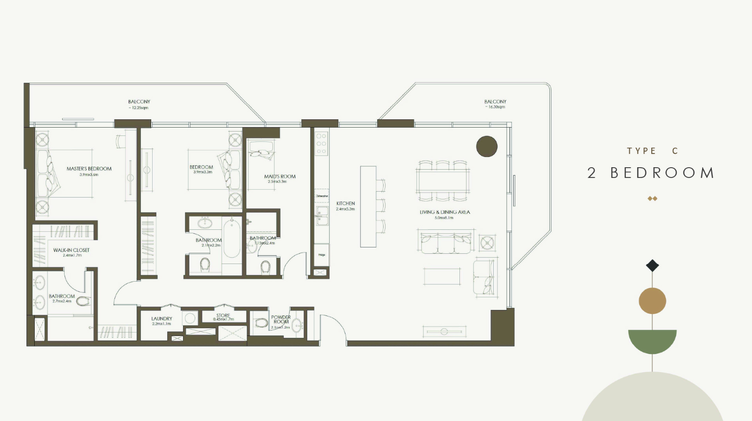 2 bedroom with maid’s room – Type C floor plan, The Source, Saadiyat Grove