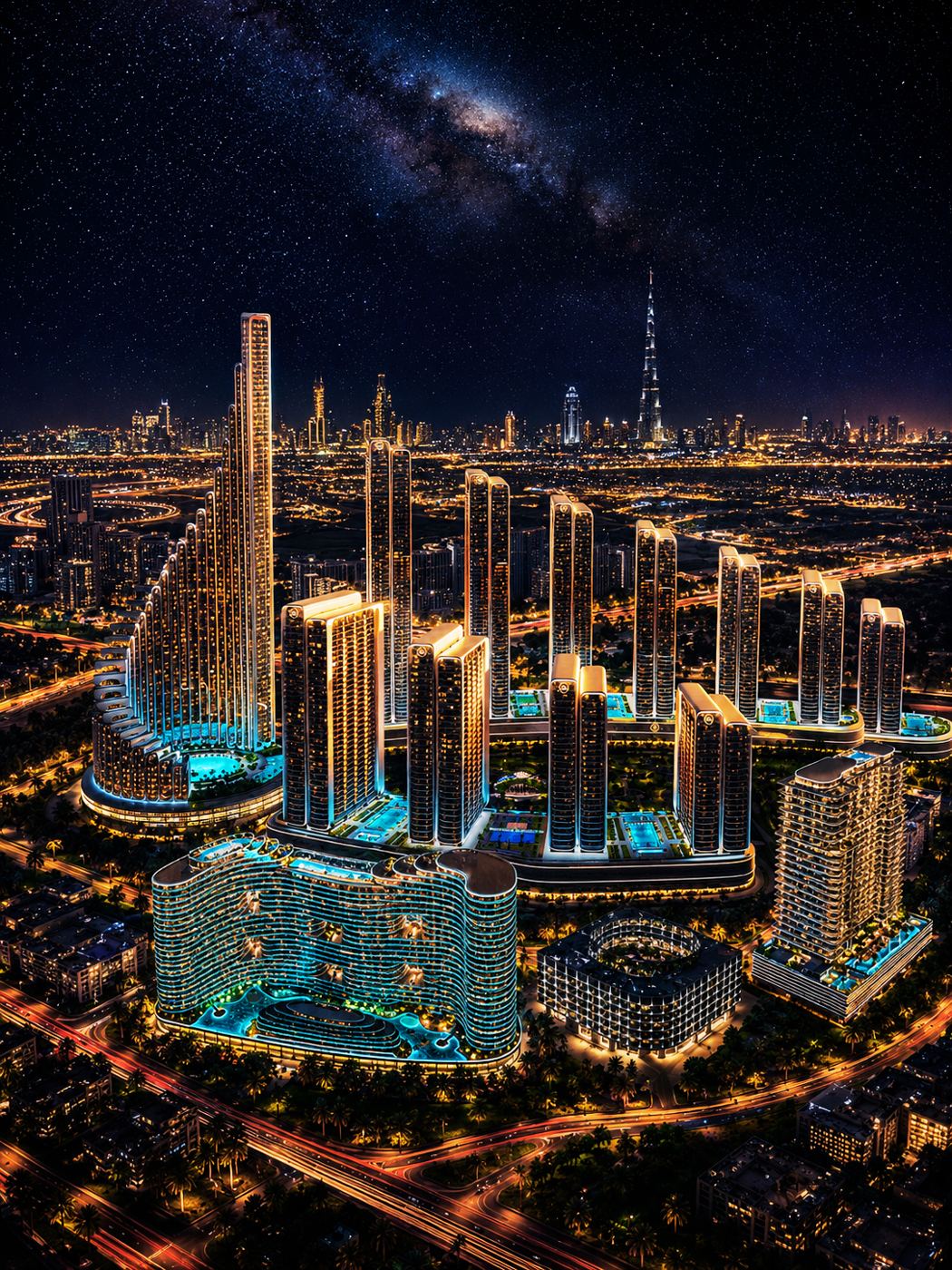 Off-plan towers under a clear sky